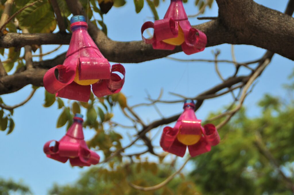 Guirlandes décoratives à base d'objets recyclés et réutilisés accrochées dans un arbre.